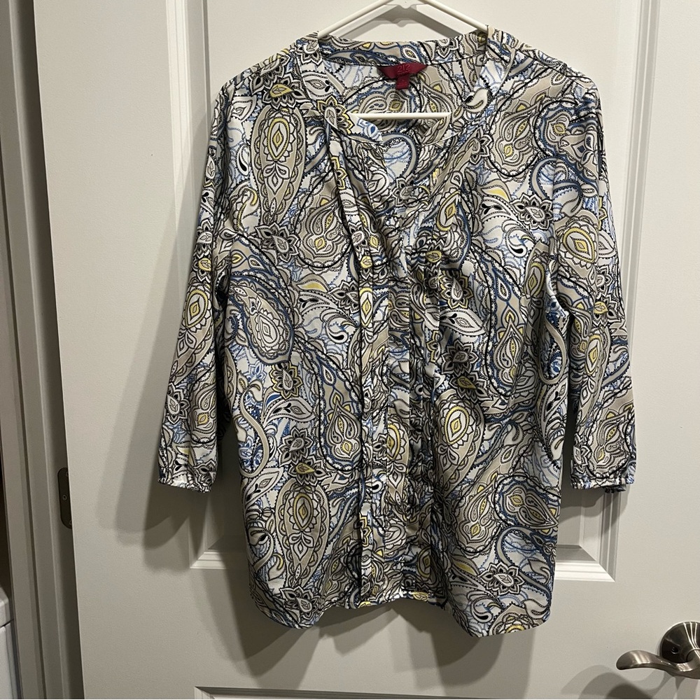 212 Collection Women’s Button Front Top 3/4 Sleeves Paisley Print Size L…